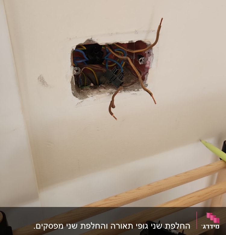 חוטי חשמל חשופים בקיר עם מסגרת פלסטיק וברגים
